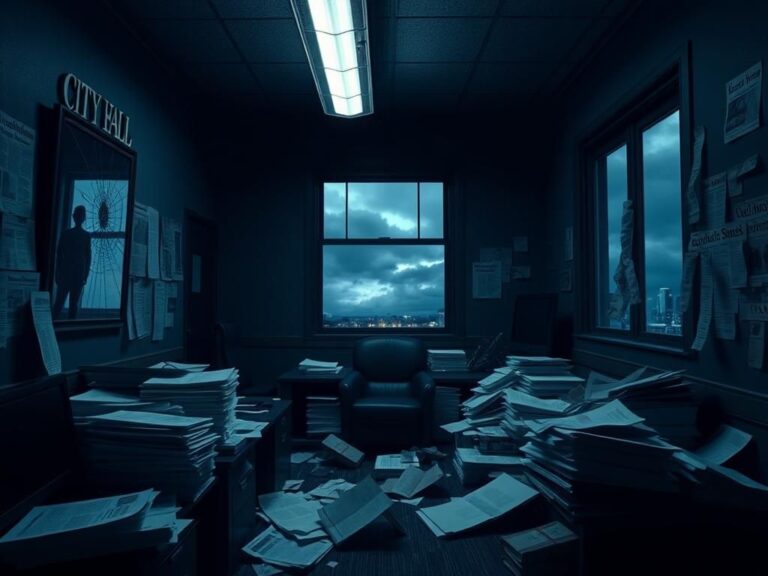 Flick International Dimly lit city hall office depicting chaos and disorganization