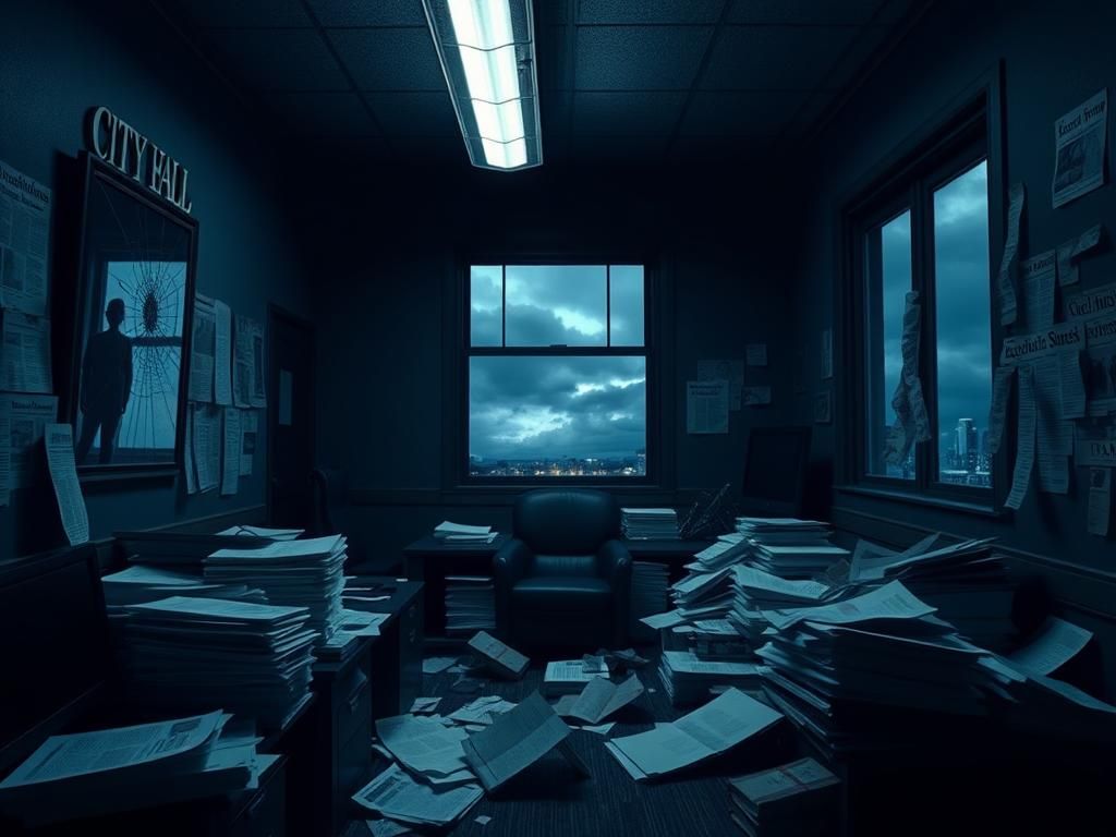 Flick International Dimly lit city hall office depicting chaos and disorganization