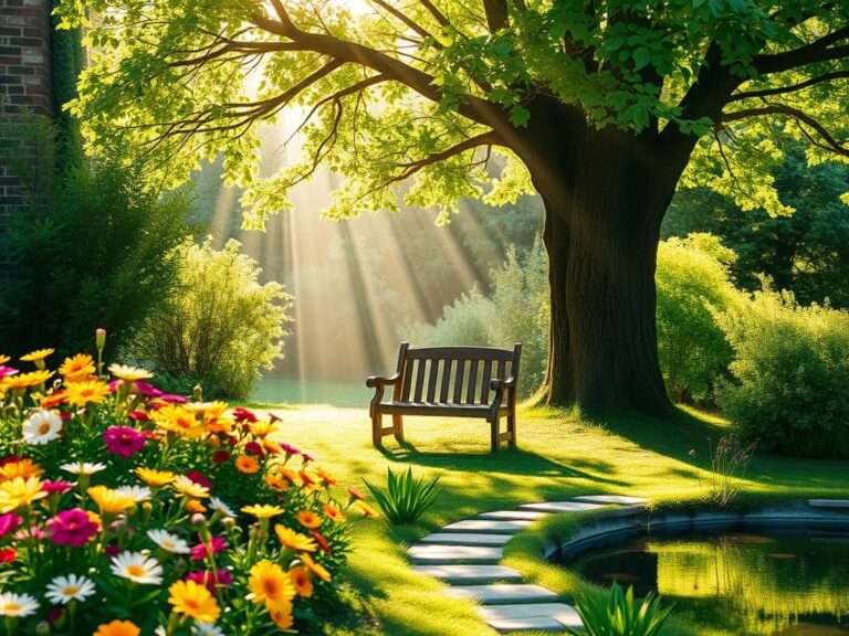 Flick International Sunlit garden symbolizing hope and resilience with vibrant flowers and a wooden bench
