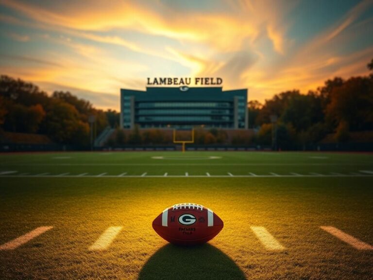 Flick International A serene Green Bay Packers football field at dusk with Lambeau Field in the background