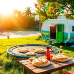 Flick International Vibrant outdoor scene with in-ground trampoline and colorful kids' camper