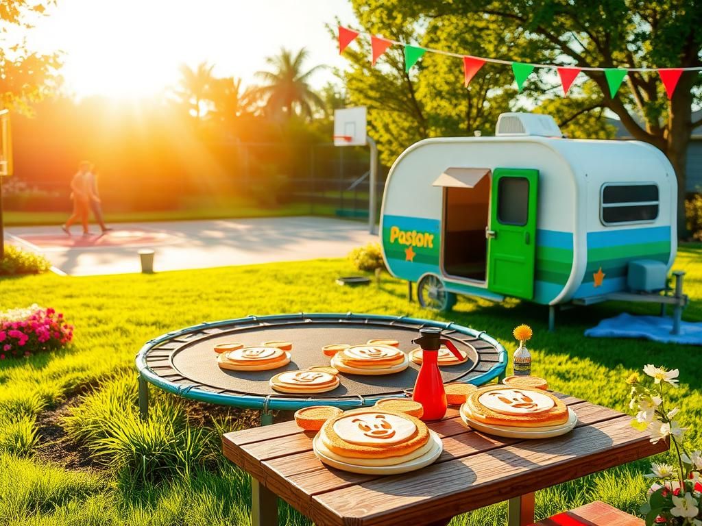Flick International Vibrant outdoor scene with in-ground trampoline and colorful kids' camper
