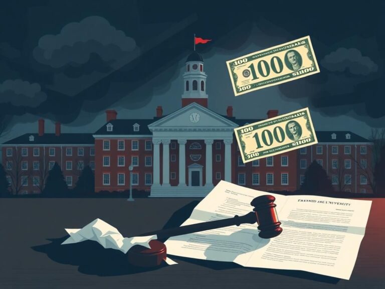 Flick International Conceptual illustration of a large Ivy League university building under stormy skies, representing Harvard University amid funding disputes.