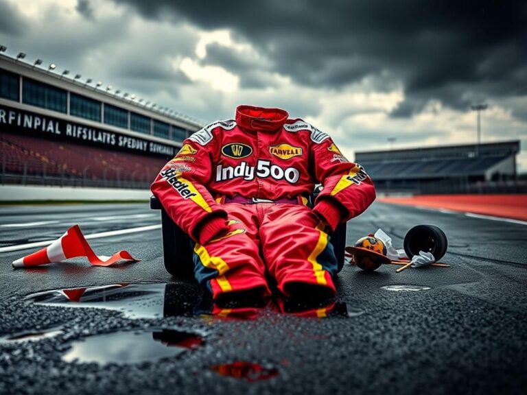 Flick International Close-up of a brightly colored IndyCar race suit draped over a race car seat at the rain-soaked Indianapolis Motor Speedway