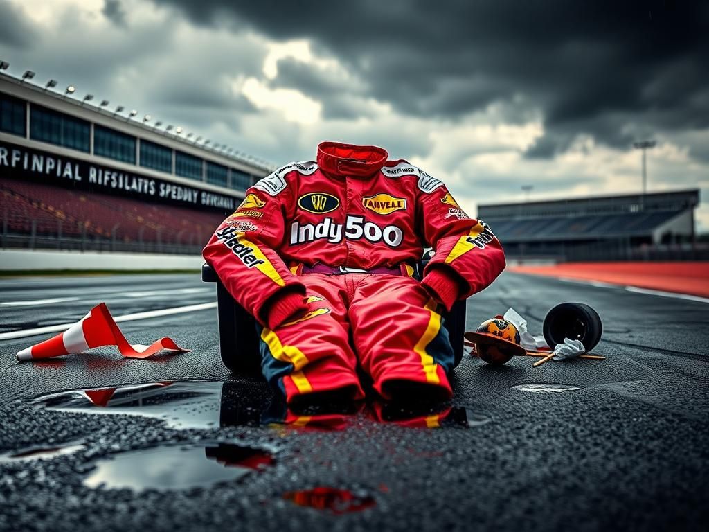 Flick International Close-up of a brightly colored IndyCar race suit draped over a race car seat at the rain-soaked Indianapolis Motor Speedway