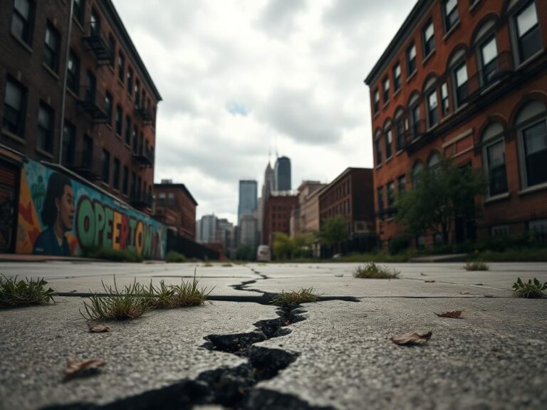 Flick International A somber urban landscape of Chicago's Woodlawn neighborhood showing cracked sidewalks and vibrant, weathered murals.