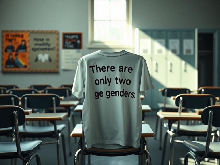 Flick International A discarded T-shirt on a chair displaying the message 'There are only two genders' in an empty classroom atmosphere.