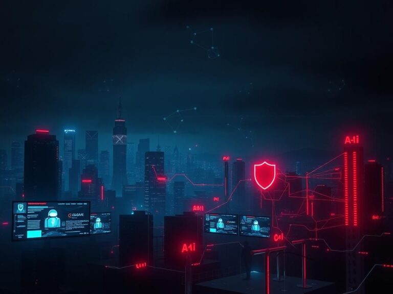 Flick International Dark cyberpunk-themed city skyline with glowing digital screens displaying distorted deepfakes and phishing alerts.
