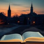 Flick International Scenic view of Limestone University’s historic campus at twilight with autumn trees