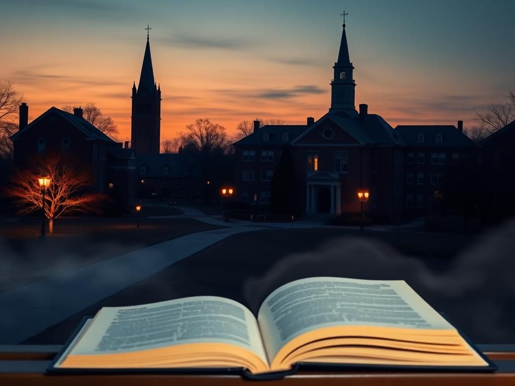 Flick International Scenic view of Limestone University’s historic campus at twilight with autumn trees