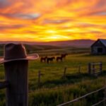 Flick International Rustic ranch scene at dusk with grazing horses and a cowboy hat
