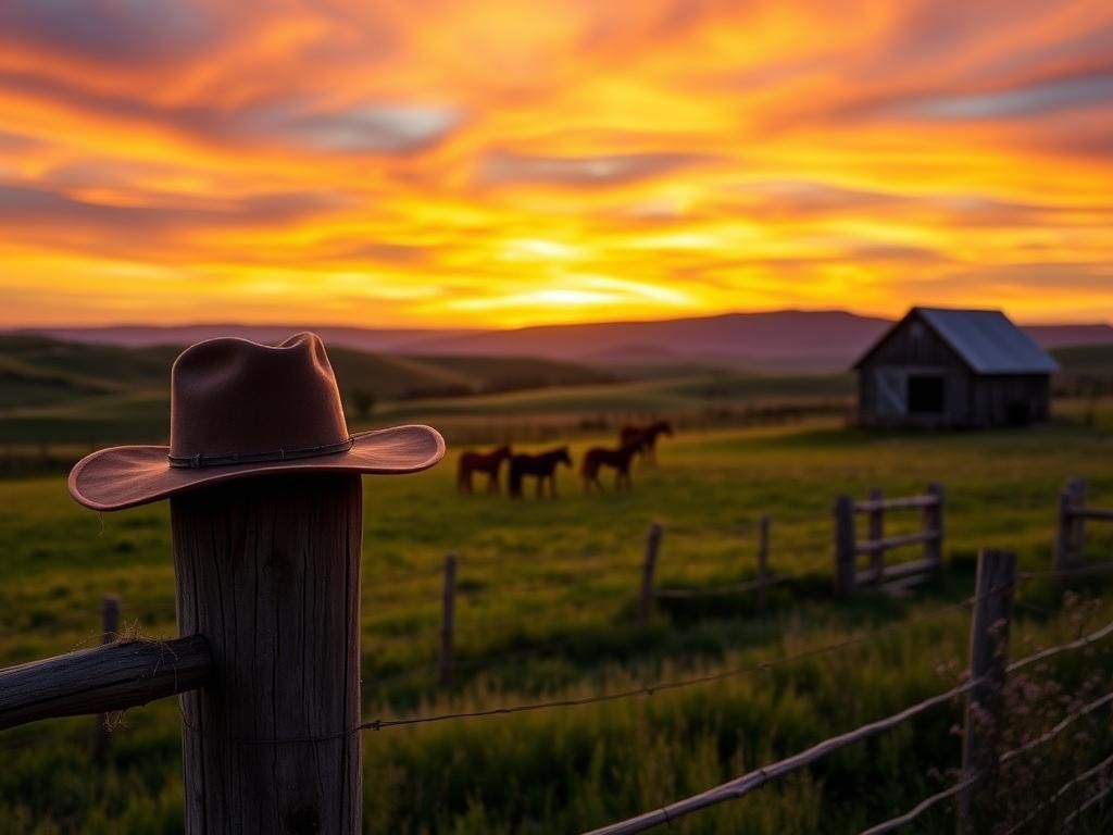 Flick International Rustic ranch scene at dusk with grazing horses and a cowboy hat
