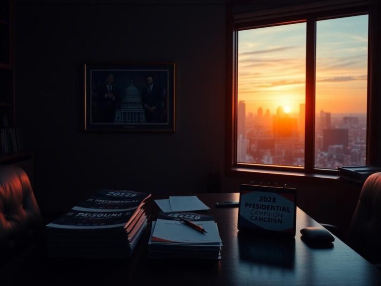 Flick International A dimly lit political office with a large empty desk and city skyline at sunset, symbolizing presidential ambition.