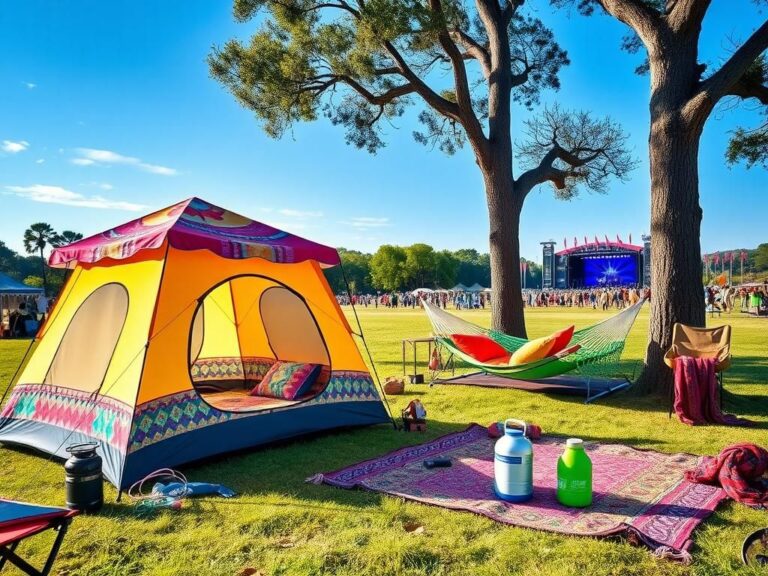 Flick International A vibrant festival campsite with a colorful pop-up canopy and cozy tent under a clear blue sky