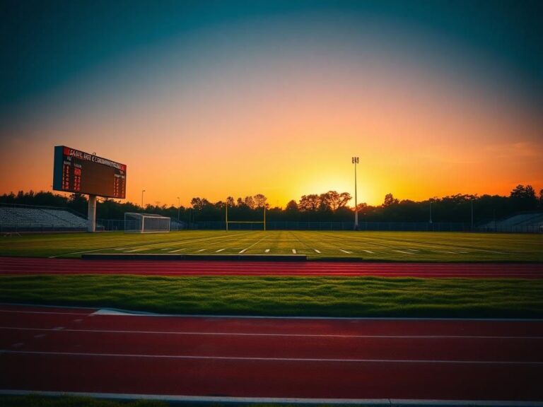 Flick International A dramatic sports field at sunset showcasing a long jump pit and triple jump area