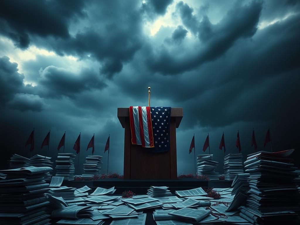 Flick International Empty graduation stage with a worn podium and tattered American flag