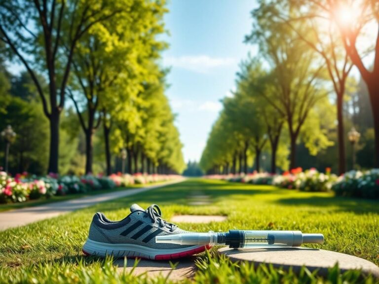Flick International A serene park pathway with blooming flowers, sneakers, and a Mounjaro pen symbolizes a journey to health and weight loss.