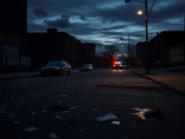 Flick International A somber urban scene in Chicago at twilight with shattered glass on the pavement