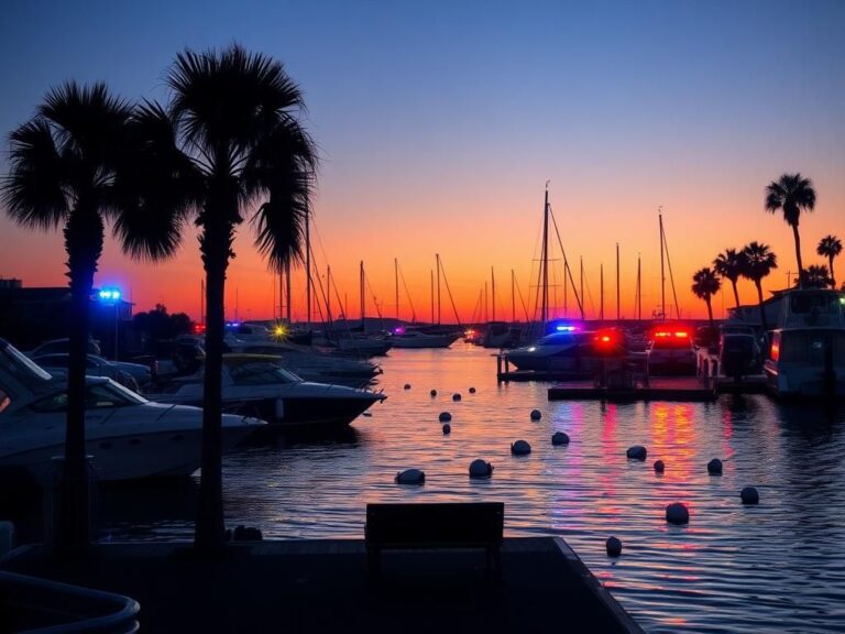 Flick International A serene view of North Myrtle Beach marina at dusk with police presence and empty charter boats