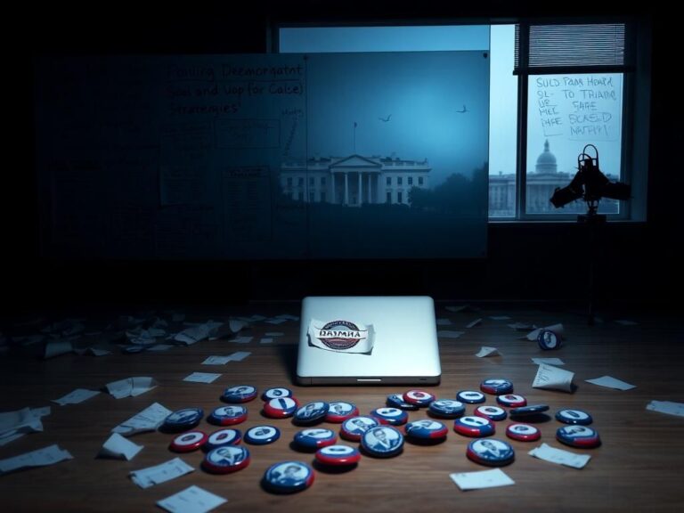 Flick International Dimly lit campaign office with a glass board filled with notes and crumpled papers on the floor