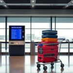 Flick International Modern United Airlines check-in kiosk with colorful luggage carts
