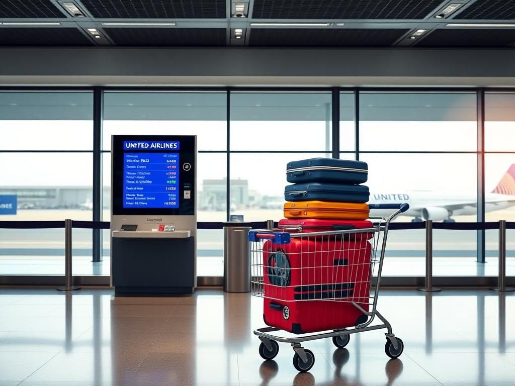 Flick International Modern United Airlines check-in kiosk with colorful luggage carts