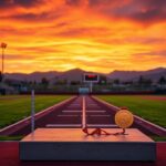 Flick International Dramatic sunset over a California high school track featuring an empty long jump pit as a trans athlete prepares for competition.