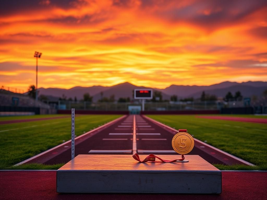 Flick International Dramatic sunset over a California high school track featuring an empty long jump pit as a trans athlete prepares for competition.