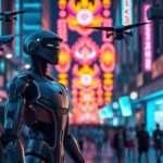 Flick International AI cyborg police robot in a vibrant urban setting during the Songkran festival