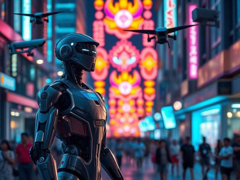 Flick International AI cyborg police robot in a vibrant urban setting during the Songkran festival