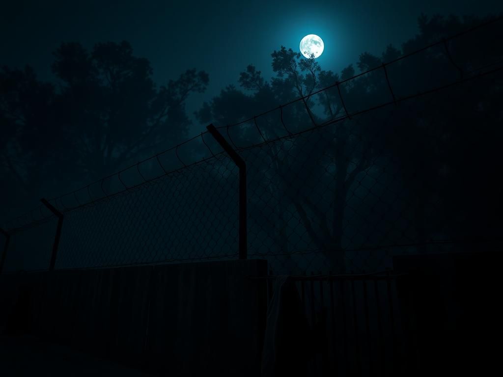 Flick International A dimly lit Louisiana jail's perimeter fence under moonlight