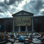 Flick International A somber scene on Harvard University campus featuring a banner and paper lanterns.