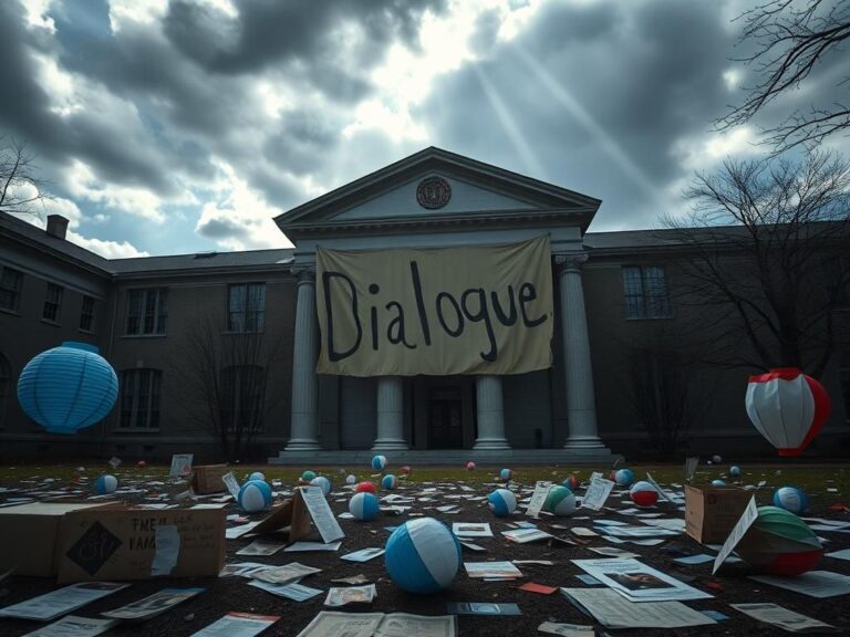Flick International A somber scene on Harvard University campus featuring a banner and paper lanterns.