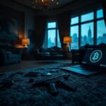 Flick International Dimly lit luxury townhouse interior representing chaos over Bitcoin password dispute
