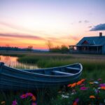 Flick International A serene landscape with a weathered canoe by a calm lake at dusk