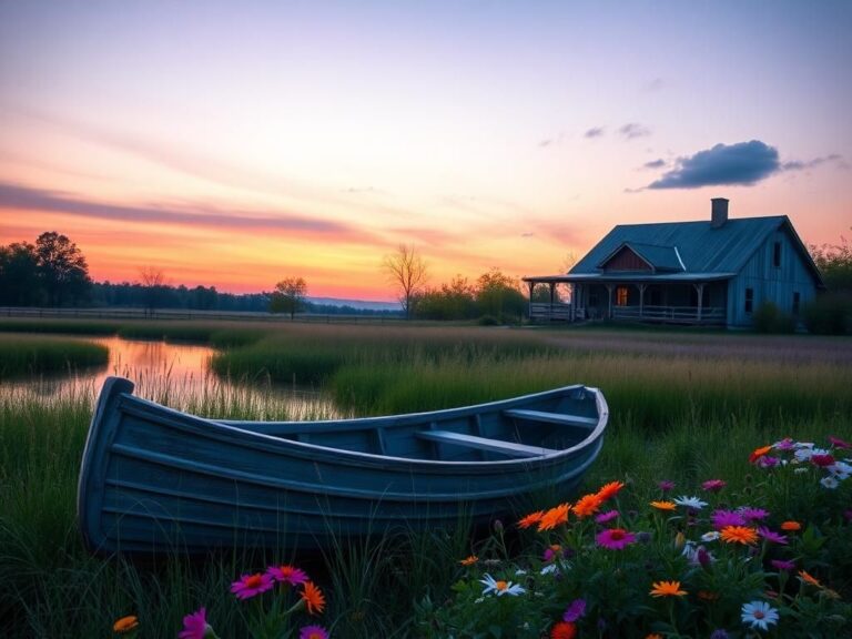 Flick International A serene landscape with a weathered canoe by a calm lake at dusk