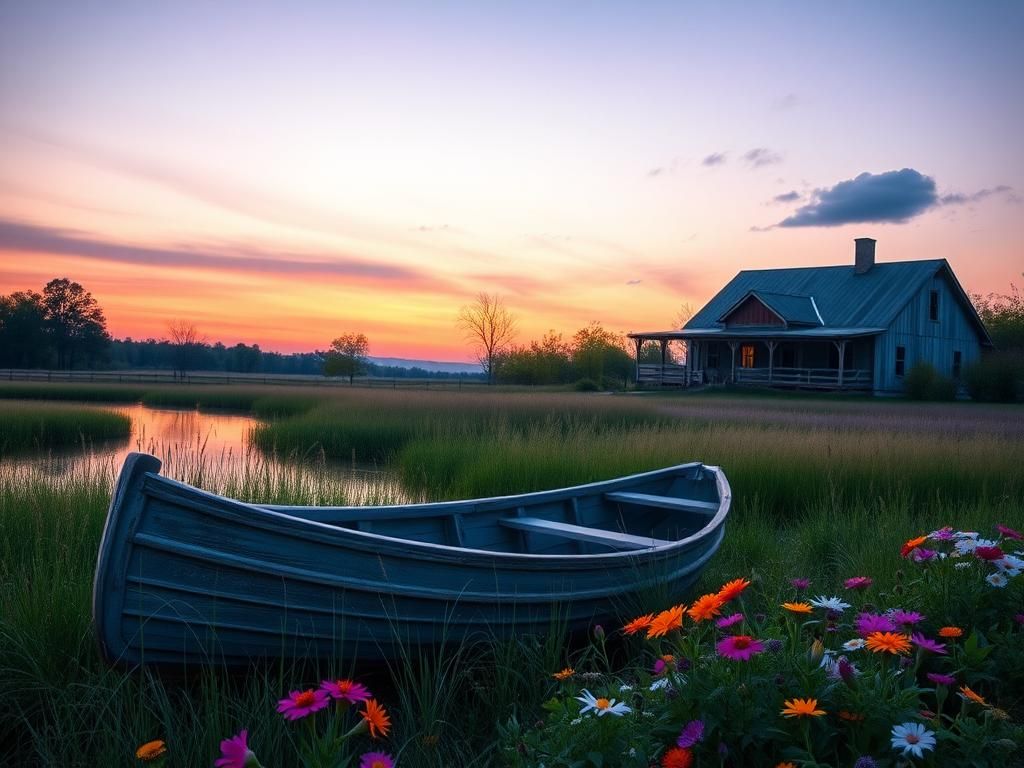 Flick International A serene landscape with a weathered canoe by a calm lake at dusk