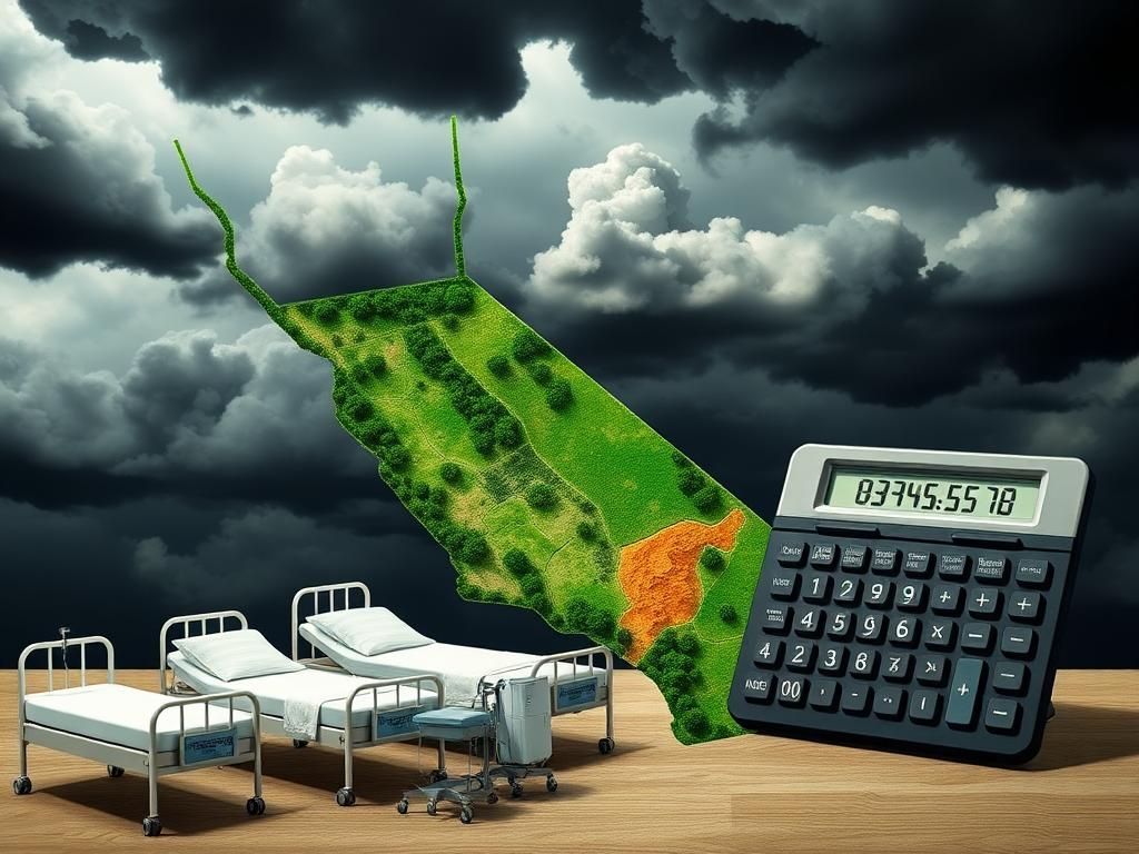 Flick International A fragmented California map depicting healthcare crisis with empty hospital beds and looming dark clouds