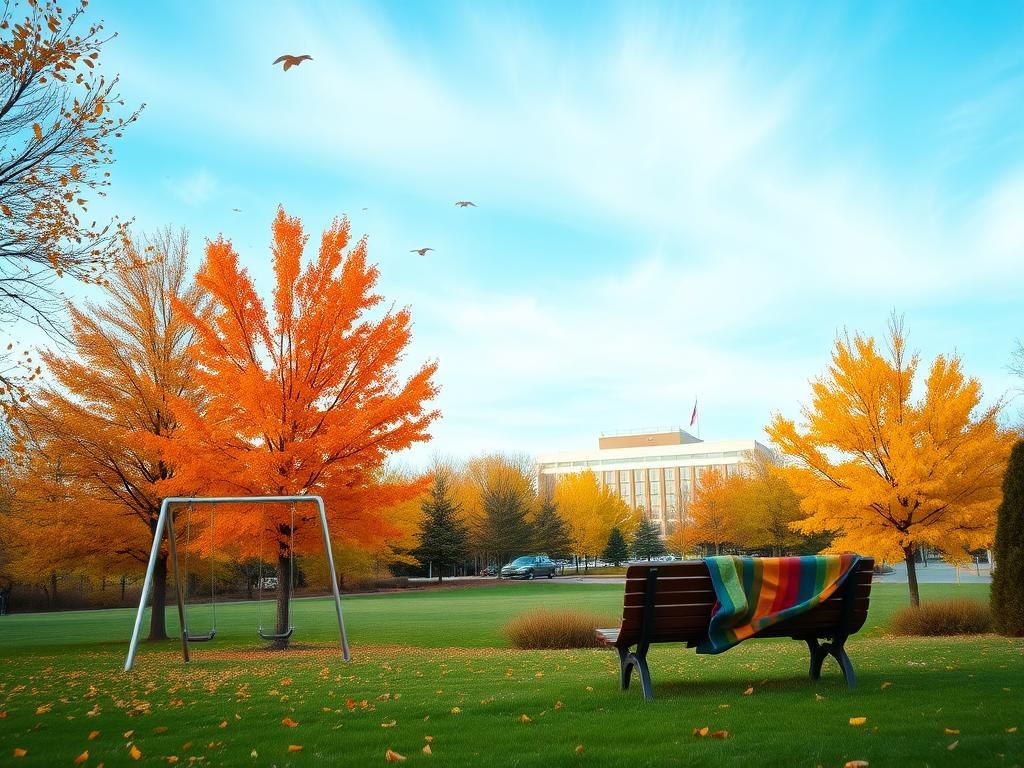 Flick International Peaceful autumn park scene with playground and distant health clinic