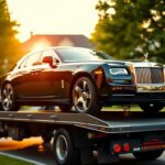 Flick International Luxurious Rolls-Royce on a flatbed tow truck in a suburban neighborhood