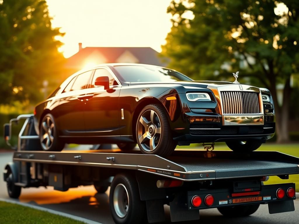 Flick International Luxurious Rolls-Royce on a flatbed tow truck in a suburban neighborhood