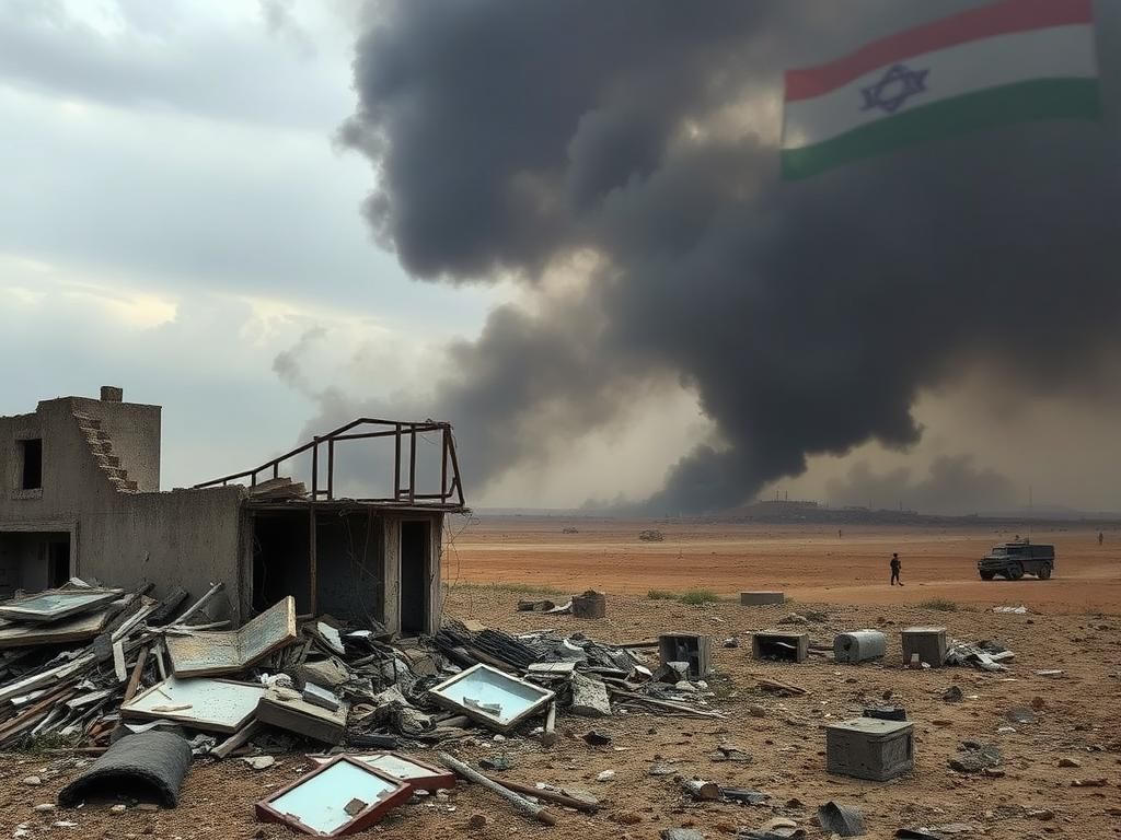 Flick International A war-torn landscape of Gaza showcasing crumbled buildings and dark smoke