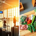 Flick International A vibrant airport scene showcasing a modern check-in kiosk with luggage in warm morning light alongside fresh groceries on a kitchen table.