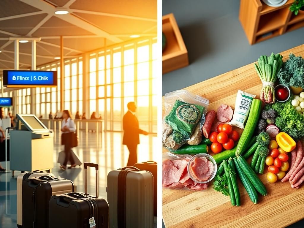 Flick International A vibrant airport scene showcasing a modern check-in kiosk with luggage in warm morning light alongside fresh groceries on a kitchen table.