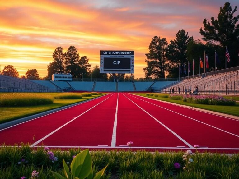 Flick International Empty outdoor track and field venue during a sunset with vibrant painted lanes