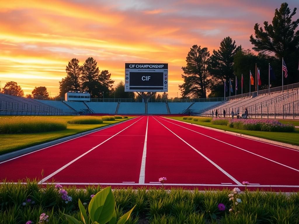 Flick International Empty outdoor track and field venue during a sunset with vibrant painted lanes