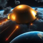 Flick International Dramatic space scene featuring a golden dome missile defense satellite system in orbit around Earth