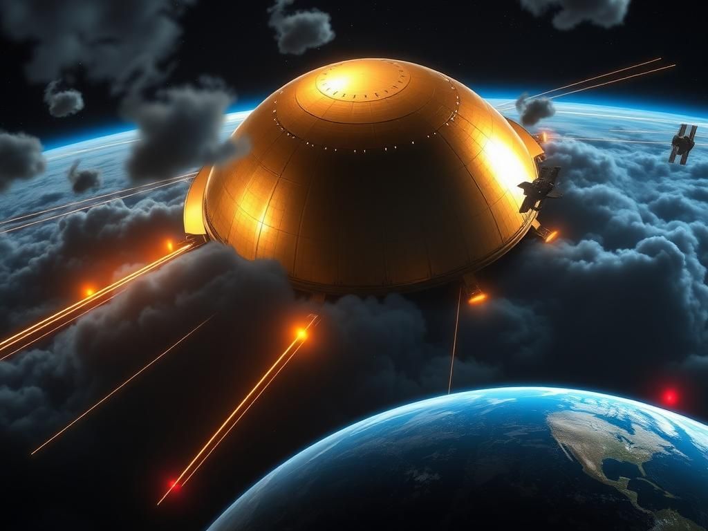 Flick International Dramatic space scene featuring a golden dome missile defense satellite system in orbit around Earth