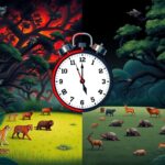 Flick International Illustration contrasting a dark jungle with predatory animals and a serene meadow with slow-moving creatures, symbolizing political dynamics