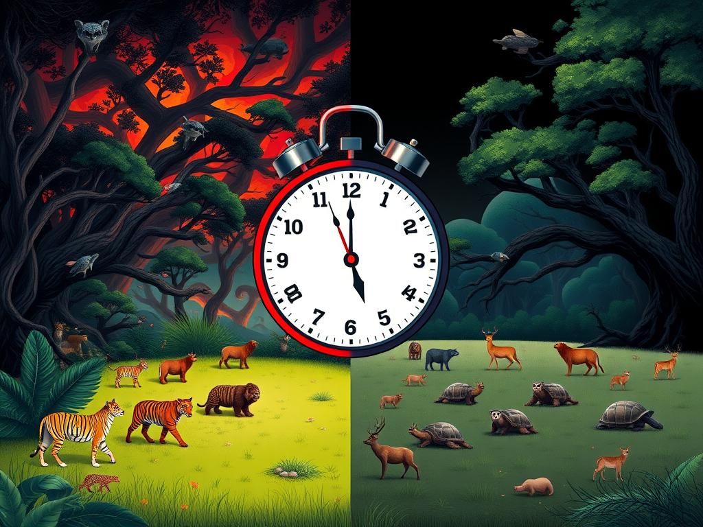Flick International Illustration contrasting a dark jungle with predatory animals and a serene meadow with slow-moving creatures, symbolizing political dynamics